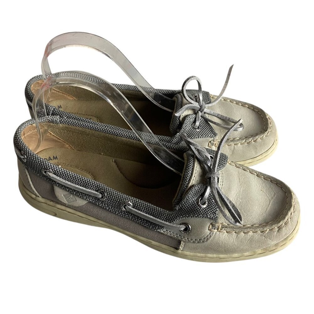Sperry Women's Size 8 Angelfish Linen Boat Shoes Grey Leather Preppy Y2K Comfort